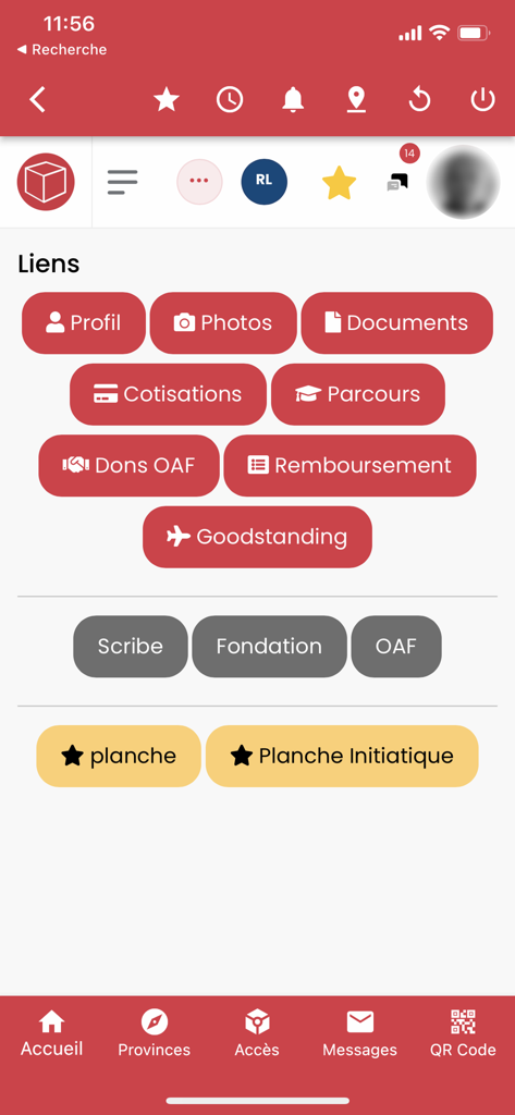 EgRegius - Tableau de bord principal de l'application EgRegius montrant les boutons pour les documents du profil membre et les cotisations maçonniques