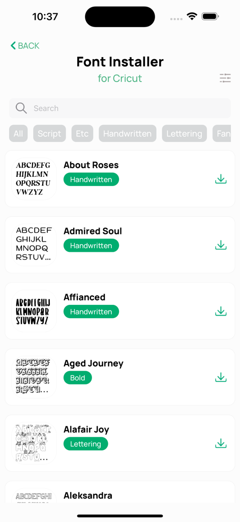 Font Installer for Cricut - Screenshot of the Font Installer for Cricut app showing a library of handwritten and bold fonts for download