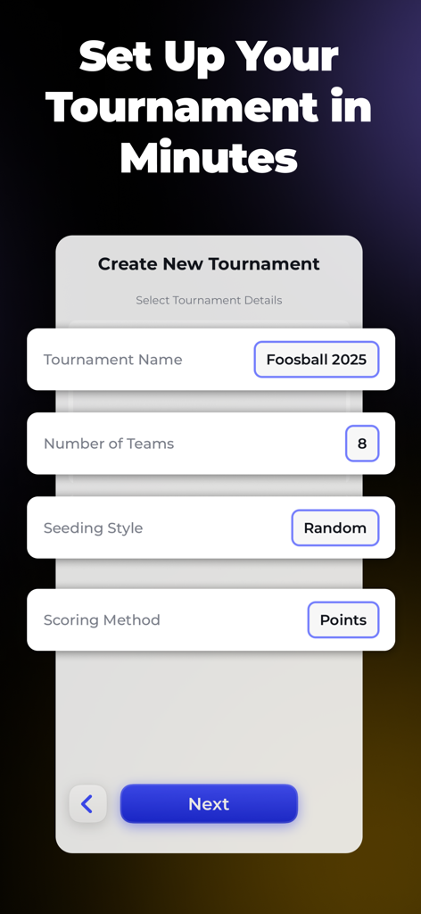Interfaz de aplicación móvil para configurar un nuevo cuadro de torneo con opciones personalizadas.