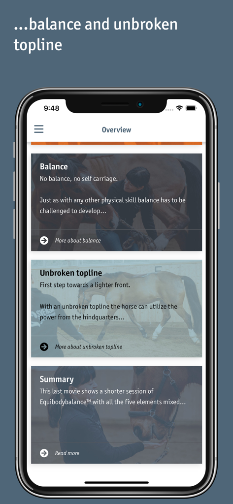Equibodybalance - Overview screen of the Equibodybalance app showing training modules for horse balance and unbroken topline