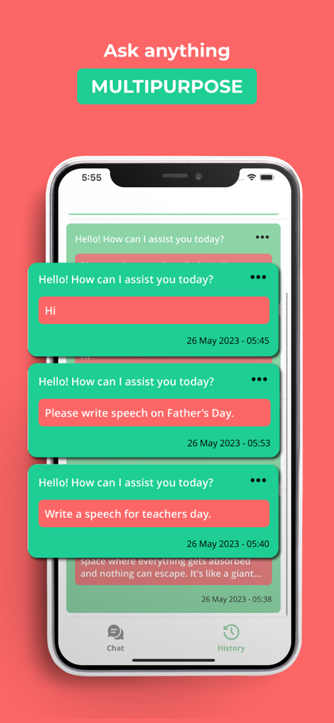 Speech AI - AI Essay Writer - Interfaz de la aplicación Speech AI que muestra un chatbot ayudando con temas de escritura de discursos.