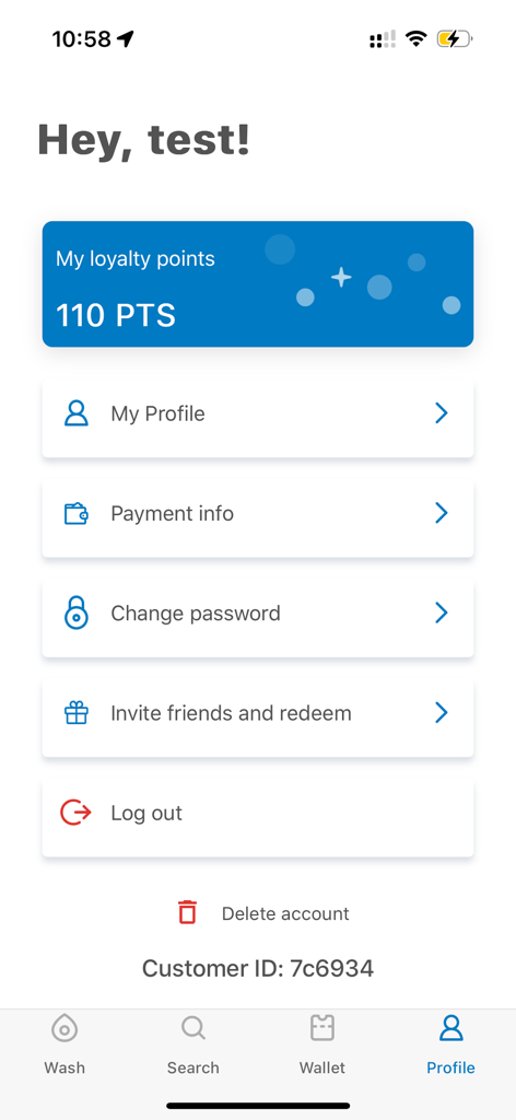 Suds Car Wash - Écran de profil de l'application Suds Car Wash montrant 110 points de fidélité et les options du menu du compte.