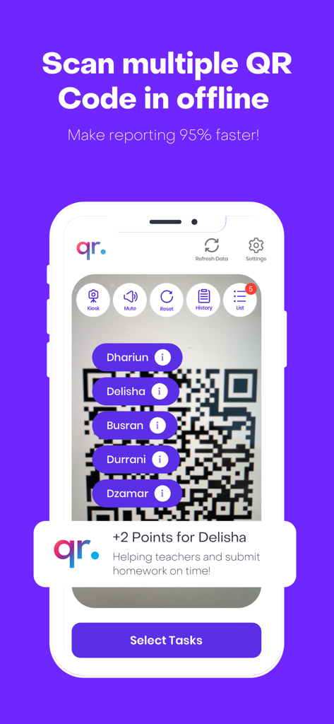 STUDENTQR POINTS for Educator - Mobile app screen showing offline QR code scanning for awarding student merit points