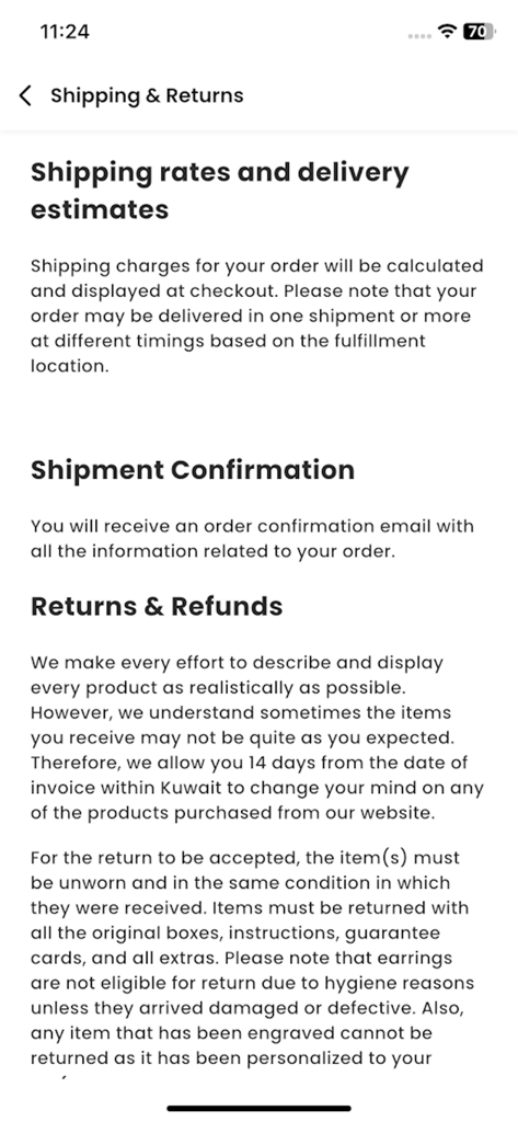 Ontime Online Shopping - Ontimeショッピングアプリの配送料金および返品ポリシーページのスクリーンショット。