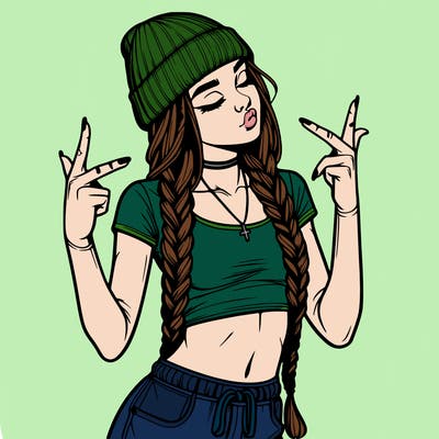 realistic teenage girl with braids and a beanie and crop top doing 🫶🏼