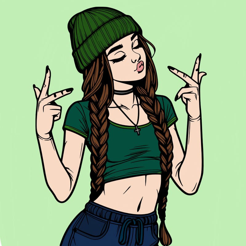 realistic teenage girl with braids and a beanie and crop top doing 🫶🏼