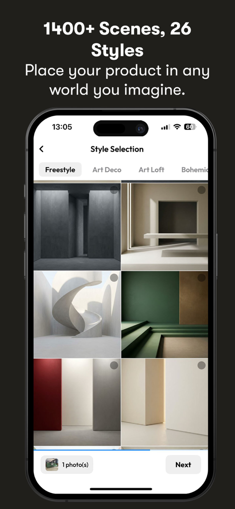 Furnea app screenshot showing a variety of AI generated virtual studio backgrounds for furniture staging.