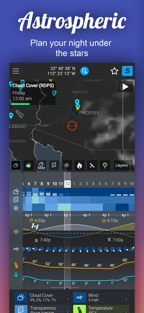 Astrospheric app interface showing a cloud cover map and detailed atmospheric forecast graphs for astronomers