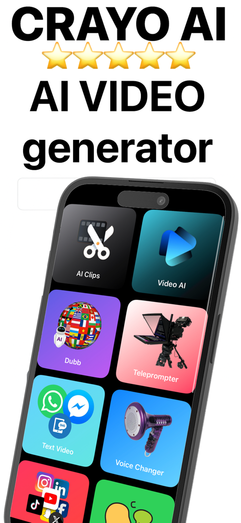 Crayo AI Video Clips Generator - AI 클립, 비디오 더빙, 프롬프터 도구가 있는 Crayo AI 앱 인터페이스를 보여주는 스마트폰