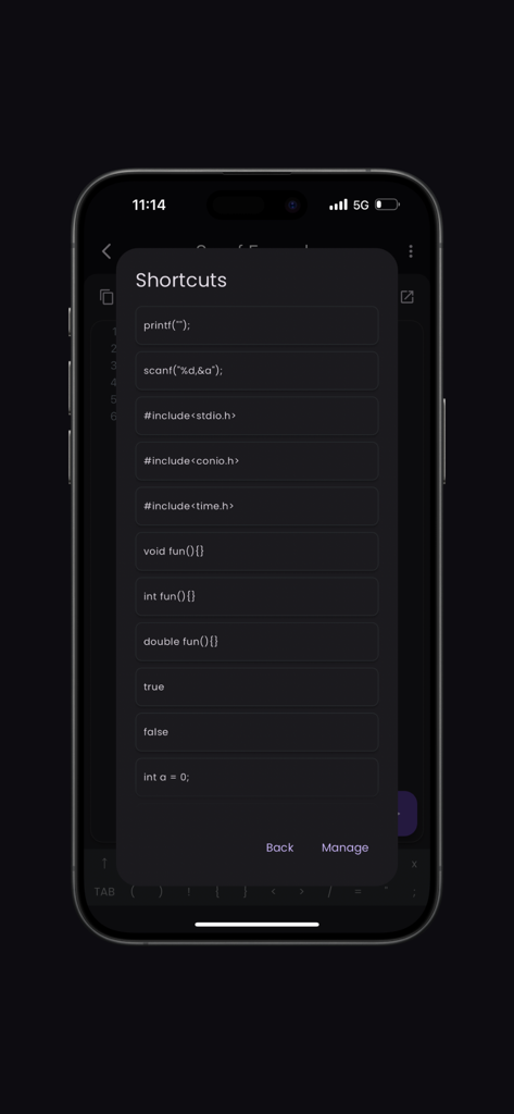 Eine mobile App-Oberfläche, die ein Menü mit C-Code-Verknüpfungen und Snippets für schnelleres Programmieren zeigt.