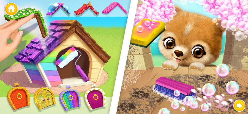 A screenshot showing gameplay of decorating a colorful doghouse and cleaning a puppy with bubbles and a brush