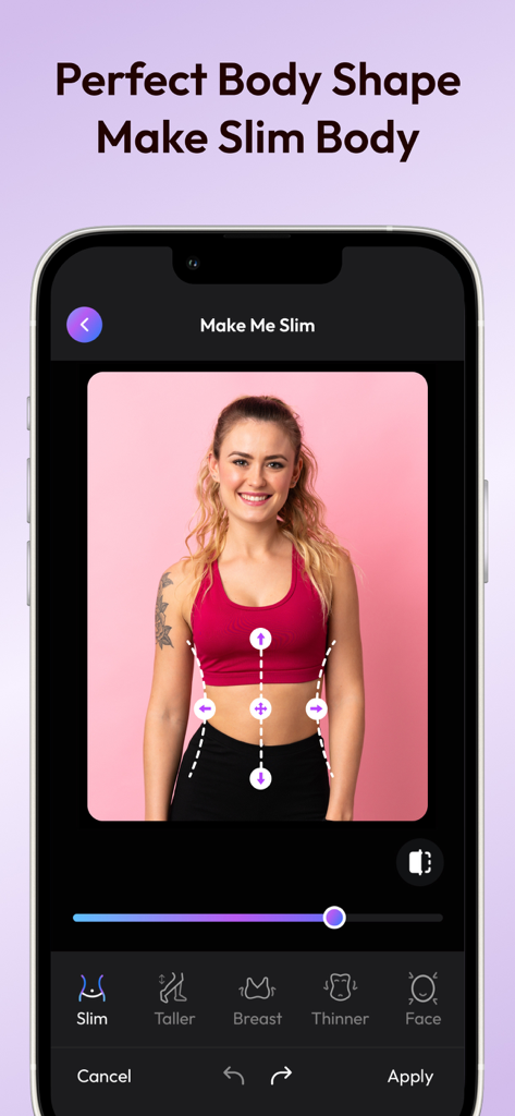Make Me Slim - AI Body Shape - AI body shape editor app interface showing a woman getting her waist slimmed