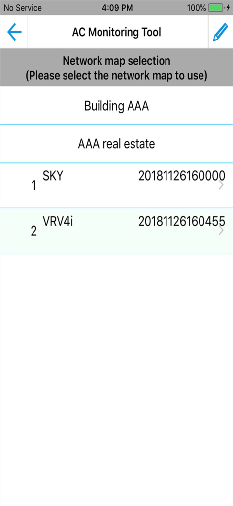 Daikin AC Monitoring Tool - Network map selection screen in the Daikin AC Monitoring Tool showing a list of connected SKY and VRV4i air conditioning units for a building.