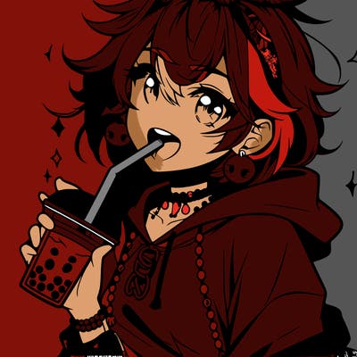 hot baddie anime girl drinking boba and biting the straw