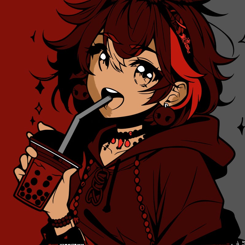 hot baddie anime girl drinking boba and biting the straw