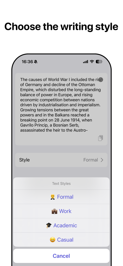 Paraphrase AI Tool - Rewriter - Selection screen for choosing writing styles in the Paraphrase AI Tool app