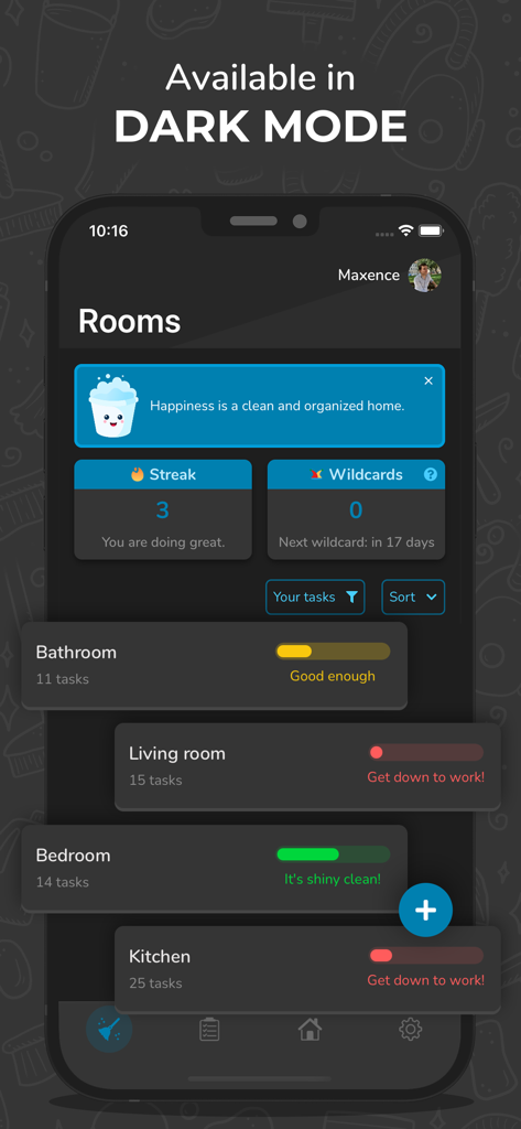Sweepy: Home Cleaning Schedule - Sweepy mobile app dashboard showing household cleaning tasks and room status in dark mode