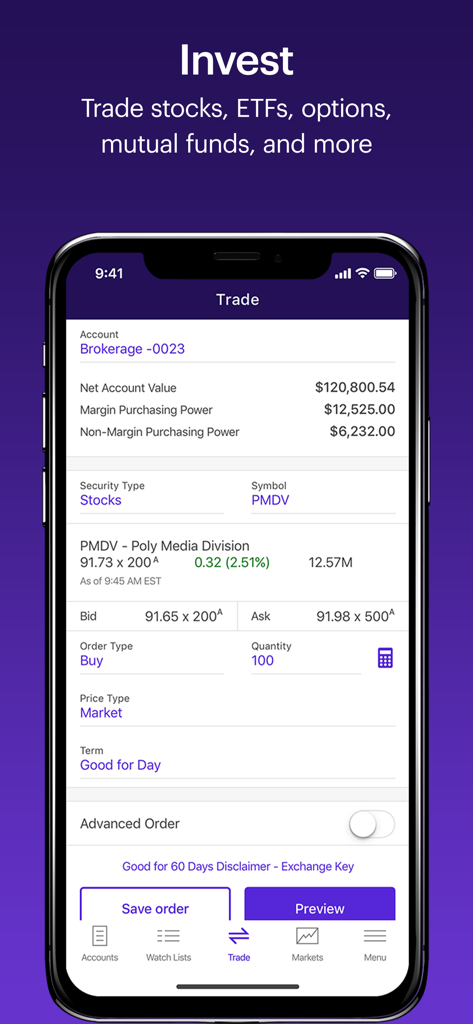 Captura de tela do aplicativo móvel Etrade mostrando um bilhete de negociação de ações para compra de ações com saldo da conta e dados de mercado