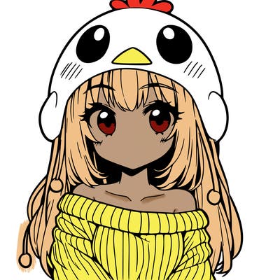 anime girl with chick shaped hat with sweater with bare shoulders with bangs covering them one eye with low tail