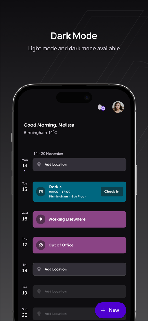 RICOH Spaces - RICOH Spaces app interface in dark mode displaying a weekly schedule and desk reservations