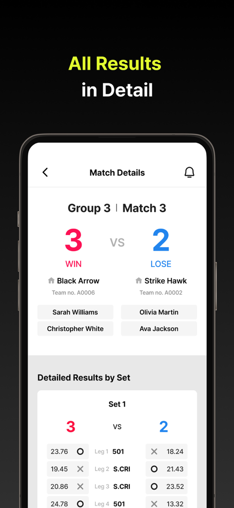 P.TOS - Pantalla detallada de resultados de partidas de dardos en la aplicación P.TOS que muestra las puntuaciones entre los equipos Black Arrow y Strike Hawk