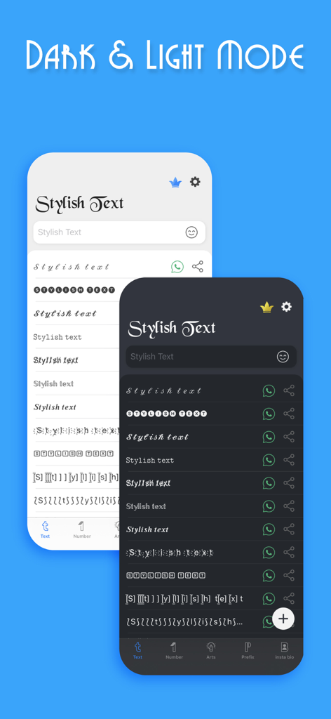 Interface de usuário do aplicativo Stylish Fonts exibindo vários estilos de fonte nos modos claro e escuro