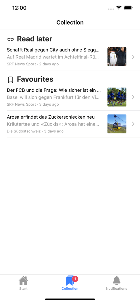 Headline - News - Headline Newsアプリのインターフェース。後で読む記事とお気に入りが保存されているコレクション画面を示しています。