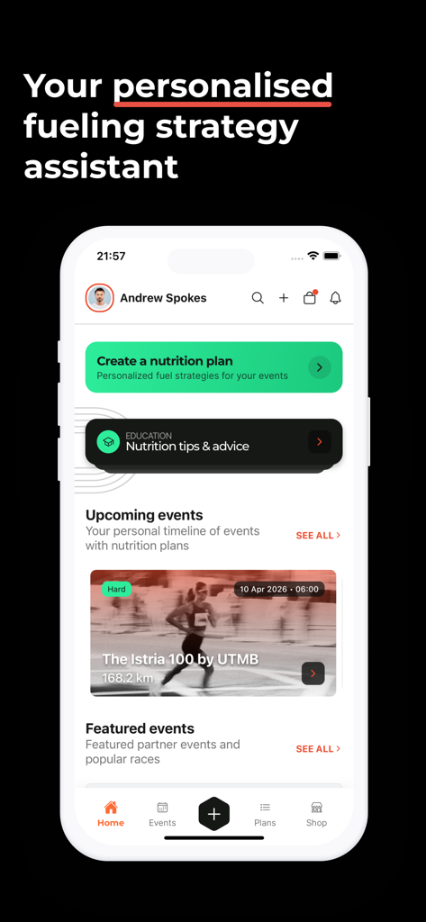 Nutri-Bay - Dashboard della home page dell'app Nutri-Bay che mostra piani nutrizionali personalizzati e prossimi eventi di gara di resistenza