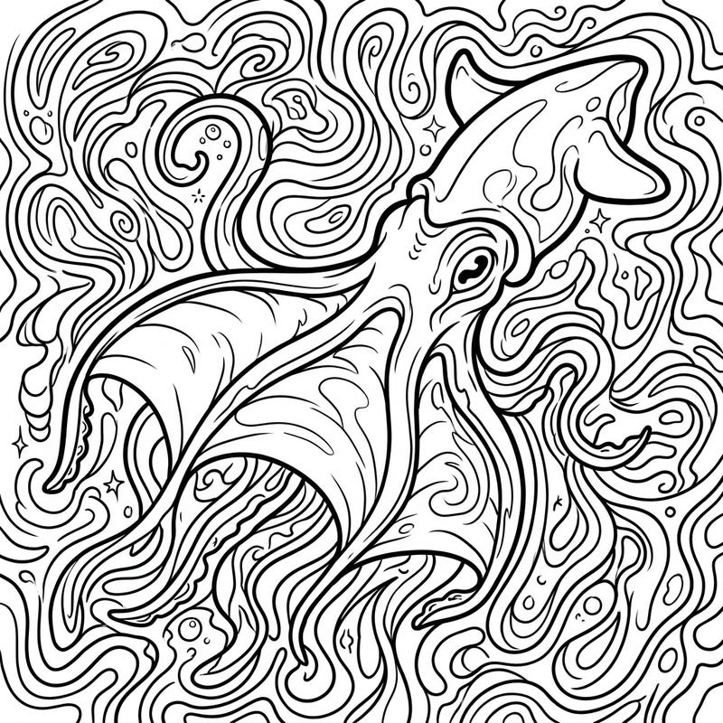 Embark on a mind-bending journey with this unique vampire squid, presented in an intricate psychedelic style. Its deep-sea mystery meets a world of swirling patterns, waiting for your vibrant touch.