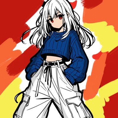 anime teen girl with baggy pants and crop top with sweater