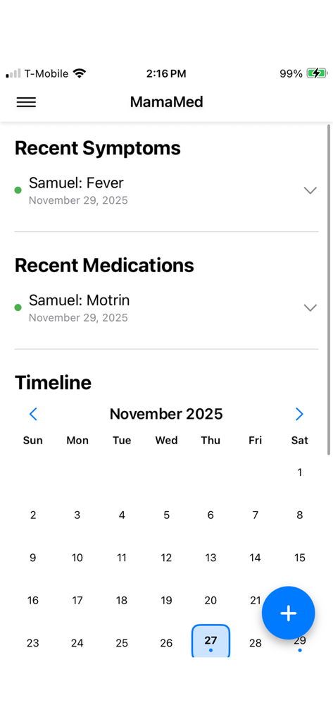 MamaMed - MamaMed app dashboard showing recent symptoms medications and a health timeline calendar