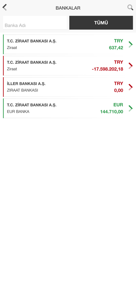 LioX - LioX mobile app interface displaying a list of company bank accounts with real-time balances in TRY and EUR.