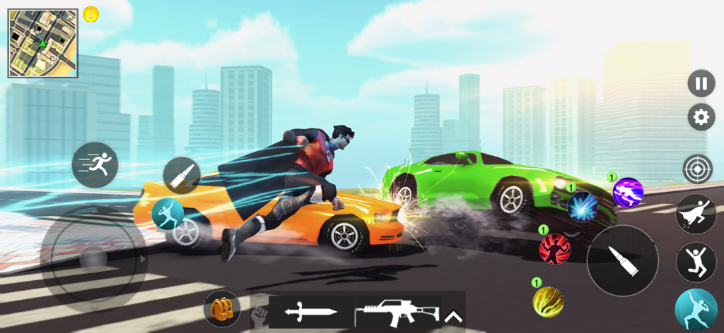 Flying Hero City Crime RPG - Superhero using super speed to run through city traffic in Flying Hero City Crime RPG.