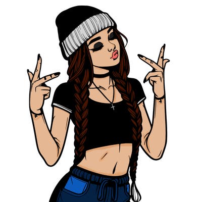 realistic teenage girl with braids and a beanie and crop top doing 🫶🏼