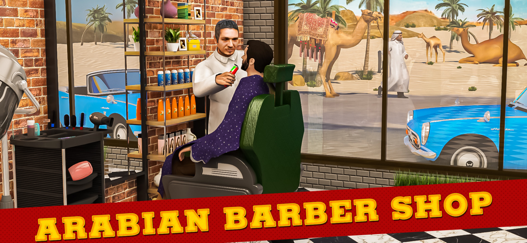Barber Shop Hair Cut Sim Games - A 3D simulation of a barber trimming a client's beard in an Arabian themed barber shop.