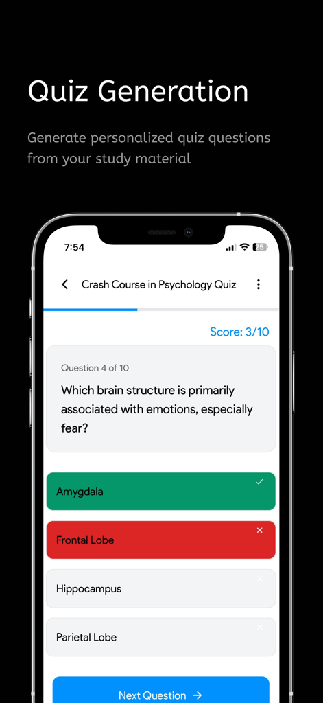 Cramly AI - Study Companion - Uma interface móvel do Cramly AI mostrando um questionário de psicologia com opções de múltipla escolha e um indicador de pontuação