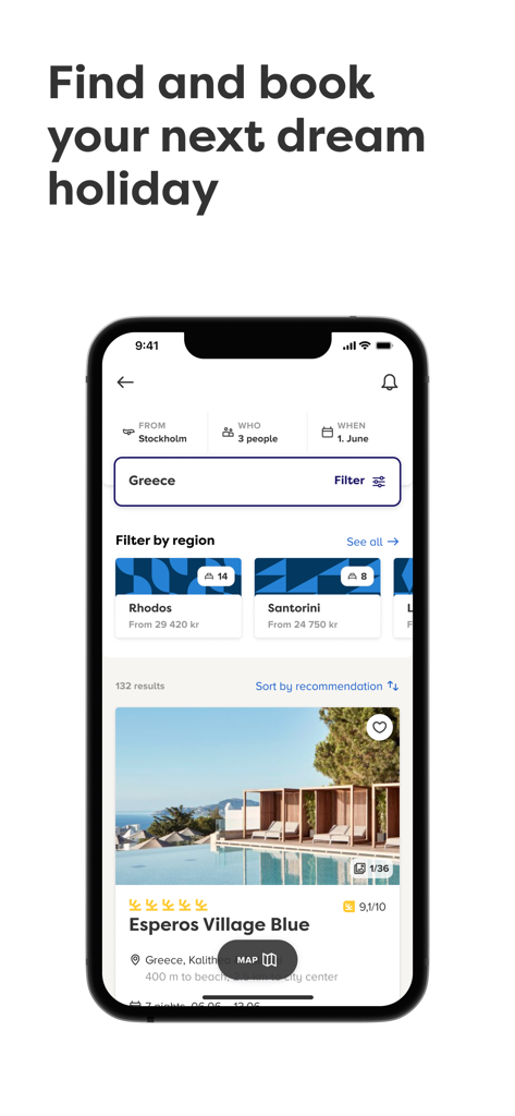 My Apollo - My Apolloモバイルアプリのインターフェース。ギリシャなどの休暇先を検索・予約できます。