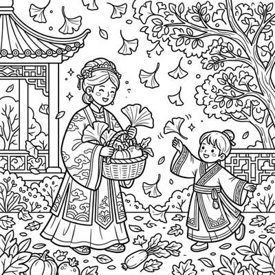 Step back in time to the majestic Ming Dynasty with this delightful autumn coloring page. Kids will love coloring the traditional outfits, falling ginkgo leaves, and festive harvest items.