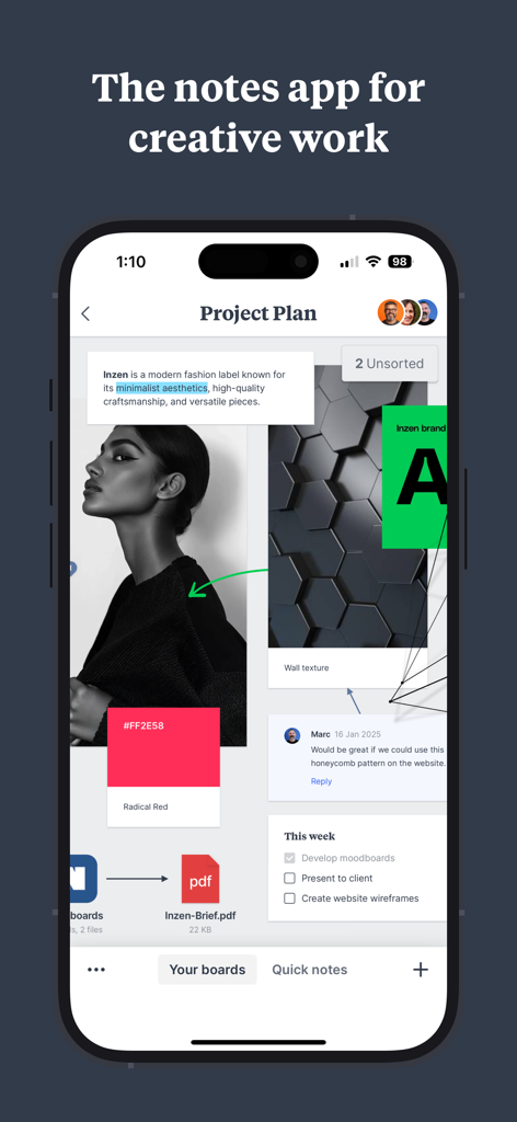 Milanote - Milanote app interface displaying a visual mood board and project plan on a mobile screen