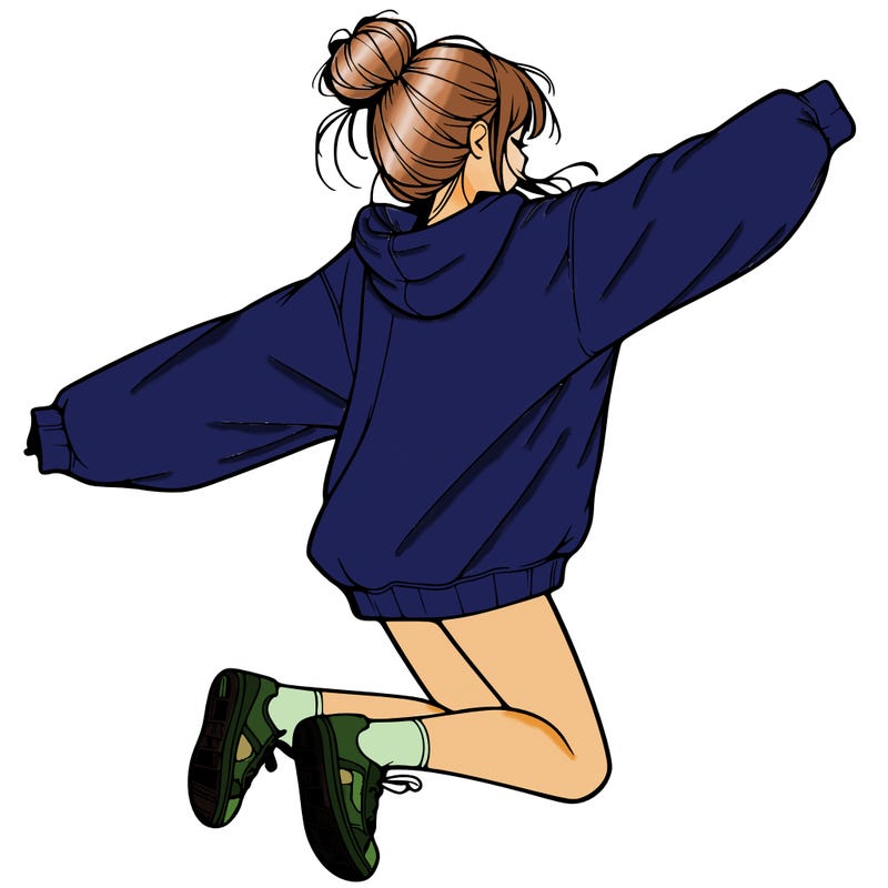 realistic girl jumping with a bun and oversized sweatshirt