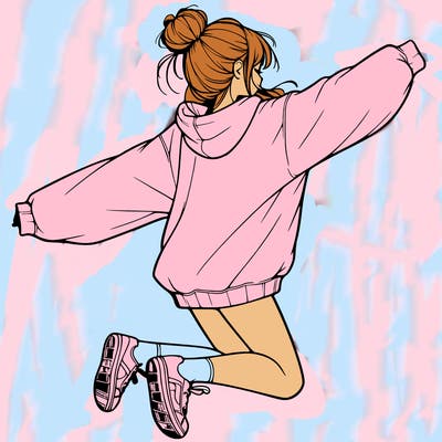 realistic girl jumping with a bun and oversized sweatshirt