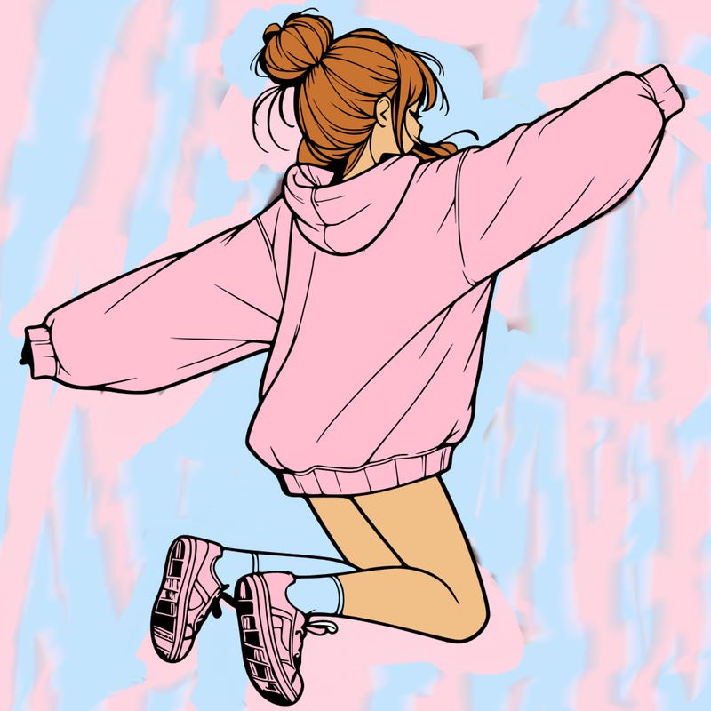 realistic girl jumping with a bun and oversized sweatshirt
