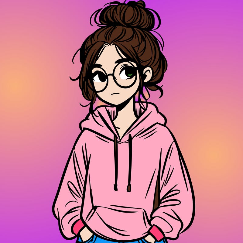 teen girl with a messy bun and glasses wearing a loose hoodie and jeans