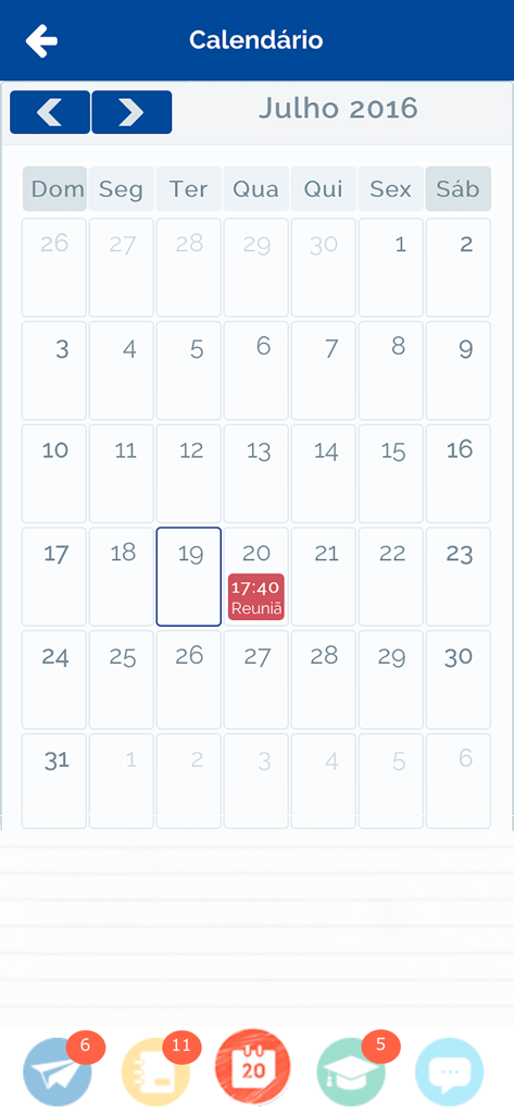 ClipEscola - Monthly school calendar screen in the ClipEscola app