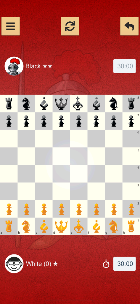 Easy Chess ™ - A starting chess board interface on the Easy Chess app showing white and black pieces with menu and undo buttons