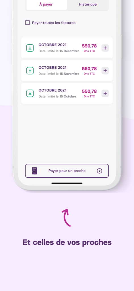 My inwi app screen showing bill management and the option to pay for relatives