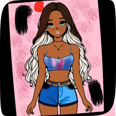 a realistic girl with long hair and in a crop top and shprts