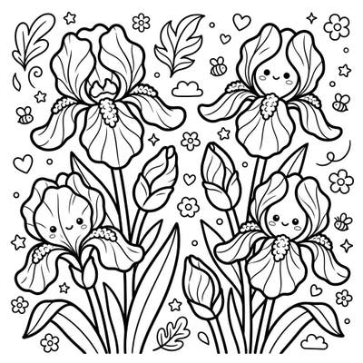 Discover the enchanting blend of nature's elegance and Japanese cuteness with our Kawaii Bearded Irises coloring page. These charming flowers, complete with adorable faces, are ready for your creative touch.