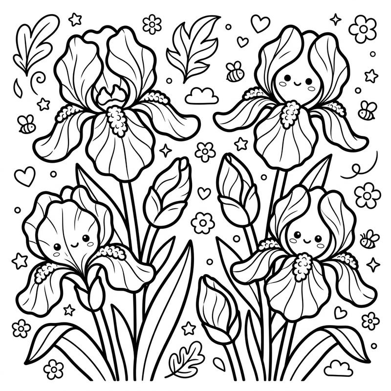 Discover the enchanting blend of nature's elegance and Japanese cuteness with our Kawaii Bearded Irises coloring page. These charming flowers, complete with adorable faces, are ready for your creative touch.
