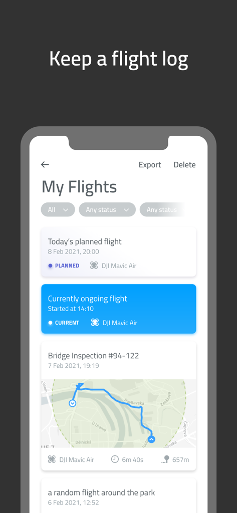 Dronetag - Dronetag mobile app interface displaying a list of drone flight logs with map views and status updates
